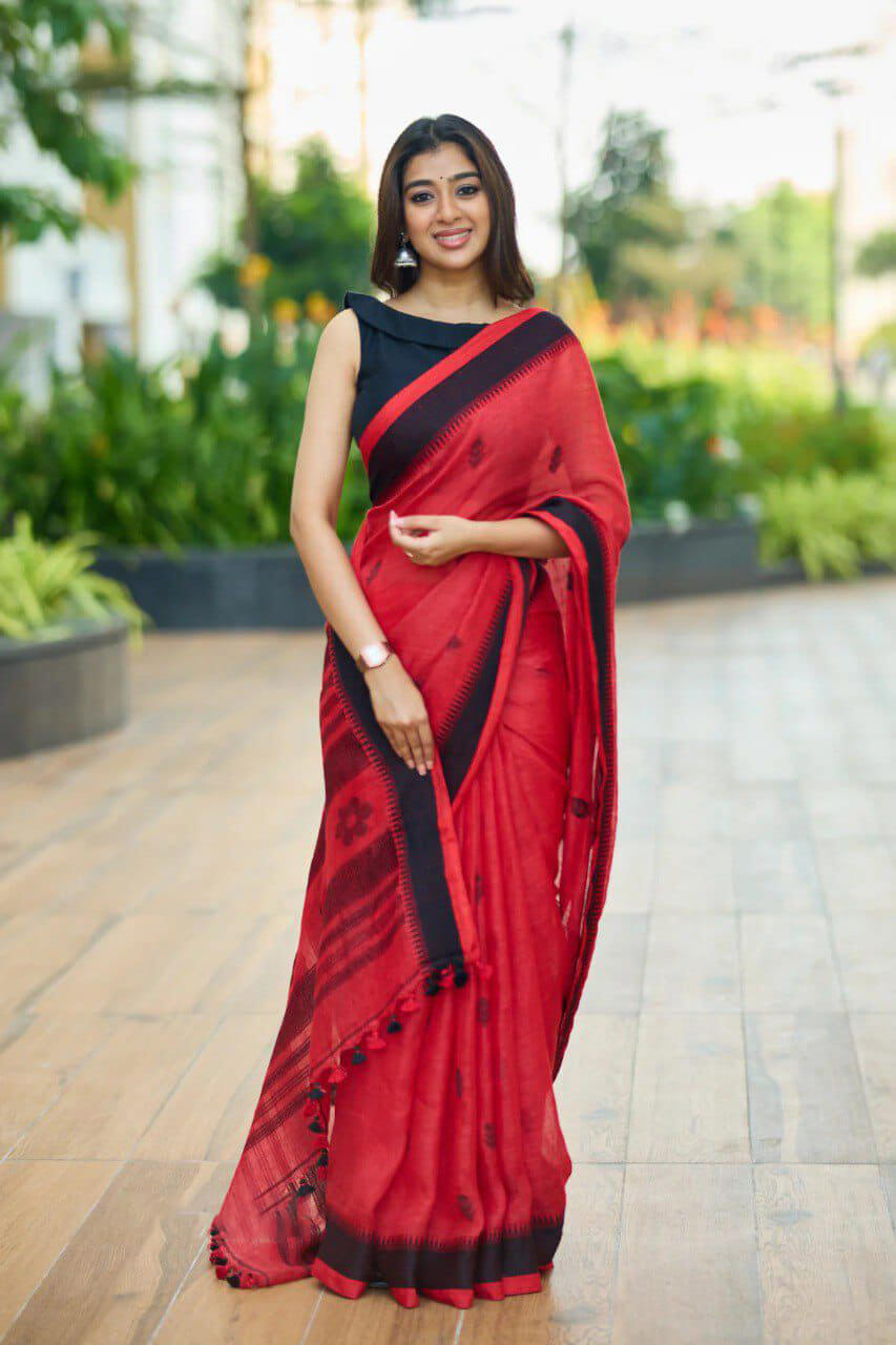 Seraglio Red Cotton Silk Saree With Smart Blouse Piece