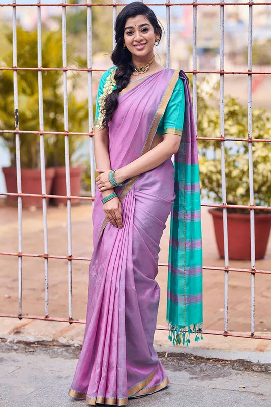 Wonderful Lavender Cotton Silk Saree With Pleasant Blouse Piece