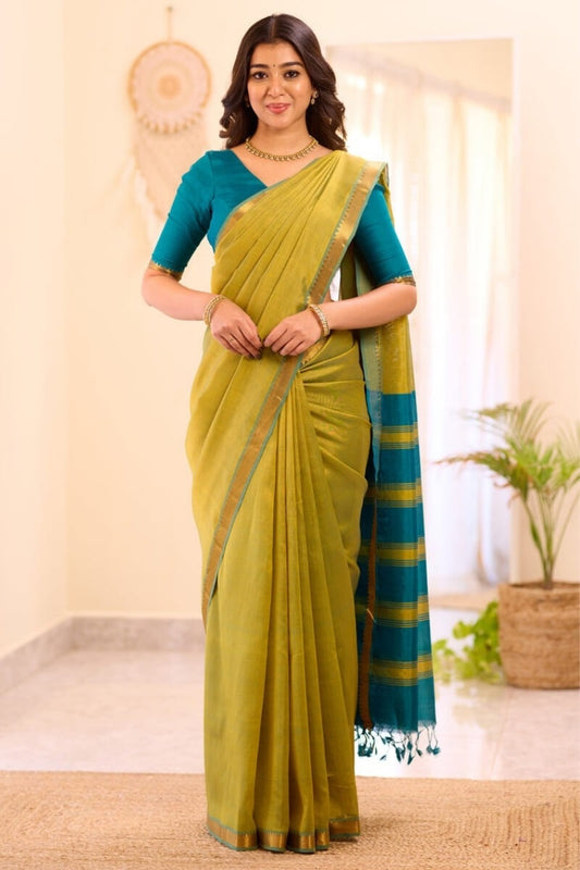 Flameboyant Mehndi Cotton Silk Saree With Adorning Blouse Piece
