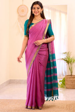 Desultory Pink Cotton Silk Saree With Glowing Blouse Piece