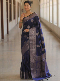 Efflorescence Navy Blue Soft Silk Saree With Panache Blouse Piece