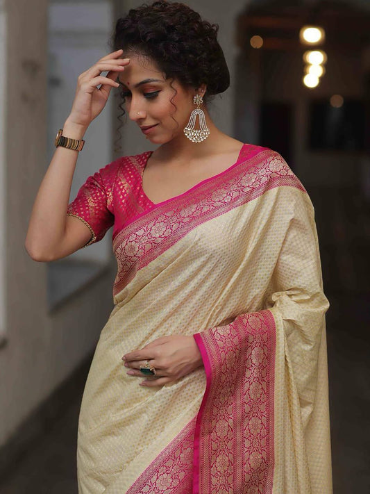 Pleasant Beige Soft Silk Saree With Splendiferous Blouse Piece