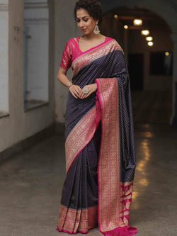 Artistic Navy Blue Soft Silk Saree With Blooming Blouse Piece