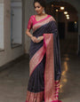 Artistic Navy Blue Soft Silk Saree With Blooming Blouse Piece