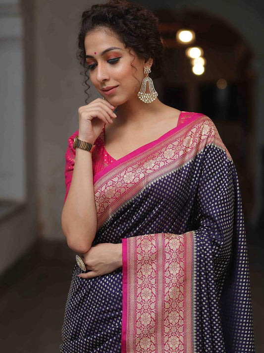 Artistic Navy Blue Soft Silk Saree With Blooming Blouse Piece