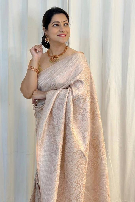 Lagniappe Beige Soft Silk Saree With Outstanding Blouse Piece