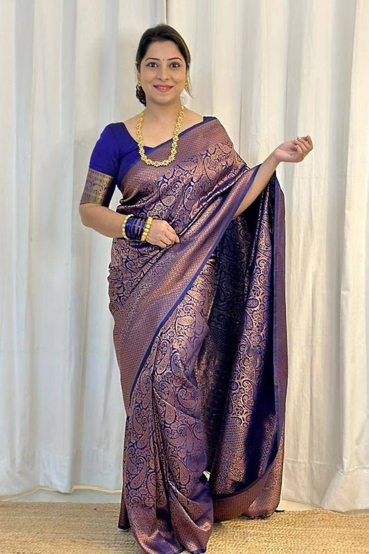 Woebegone Navy Blue Soft Silk Saree With Amazing Blouse Piece