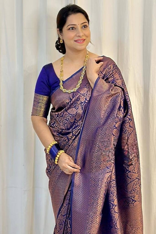 Woebegone Navy Blue Soft Silk Saree With Amazing Blouse Piece