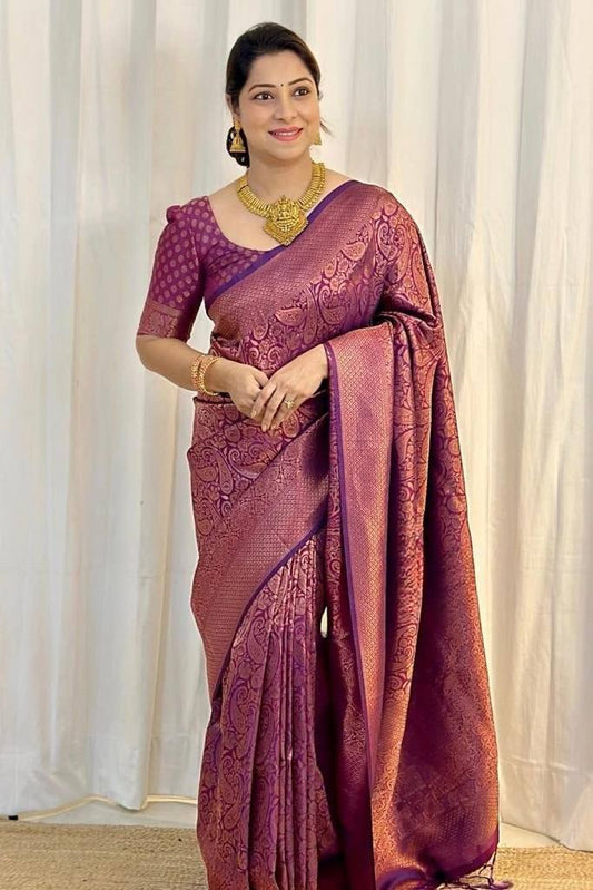 Vivacious Purple Soft Silk Saree With Tantalizing Blouse Piece