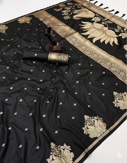 Deserving Black Soft Silk Saree With Efflorescence Blouse Piece