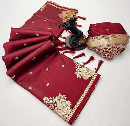 Gorgeous Maroon Soft Silk Saree With Entrancing Blouse Piece