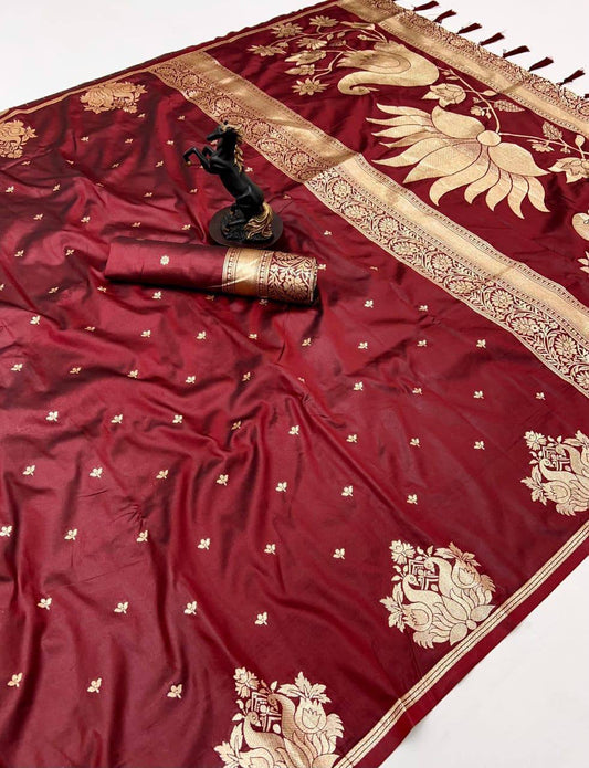 Gorgeous Maroon Soft Silk Saree With Entrancing Blouse Piece