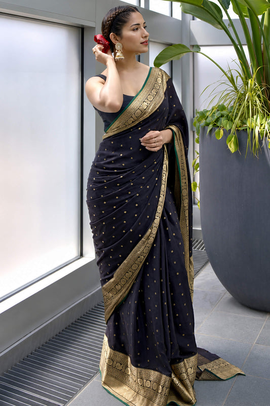 Fragrant Black Soft Silk Saree With Denouement Blouse Piece
