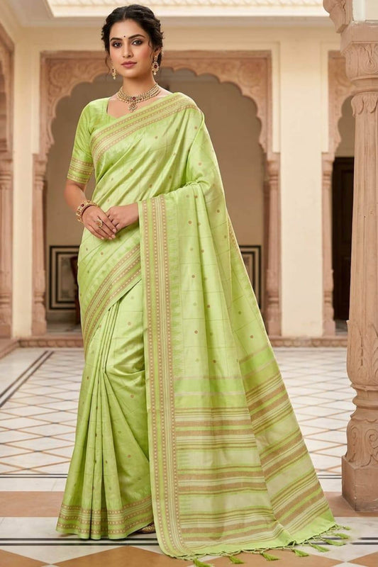 Resplendent Pista Soft Silk Saree With Proficient Blouse Piece