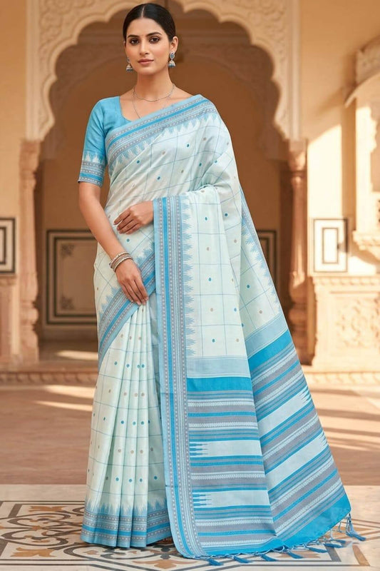 Blooming Sky Soft Silk Saree With Charming Blouse Piece