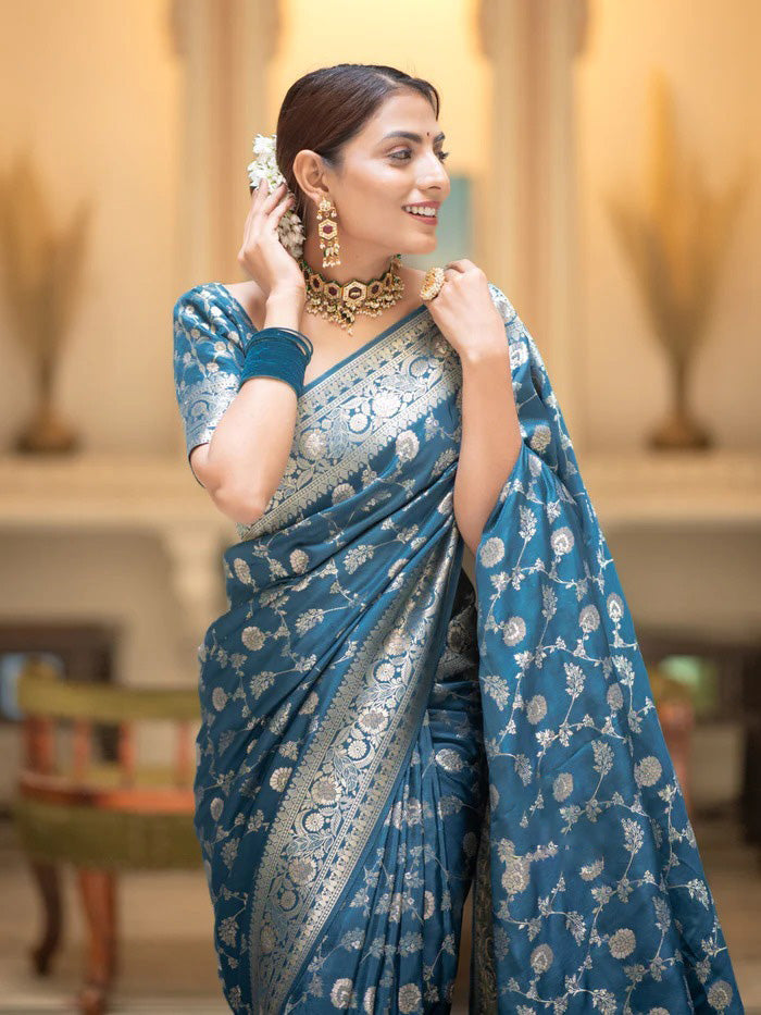 Assemblage Firozi Soft Silk Saree With Sophisticated Blouse Piece