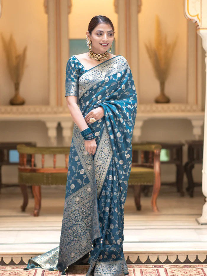 Assemblage Firozi Soft Silk Saree With Sophisticated Blouse Piece
