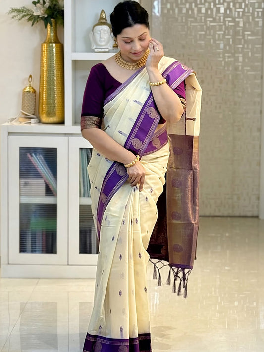 Dazzling Off White Linen Silk Saree With Scrumptious Blouse Piece
