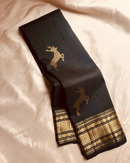Prodigal Black Soft Banarasi Silk Saree With Majestic Blouse Piece