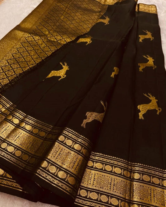 Prodigal Black Soft Banarasi Silk Saree With Majestic Blouse Piece
