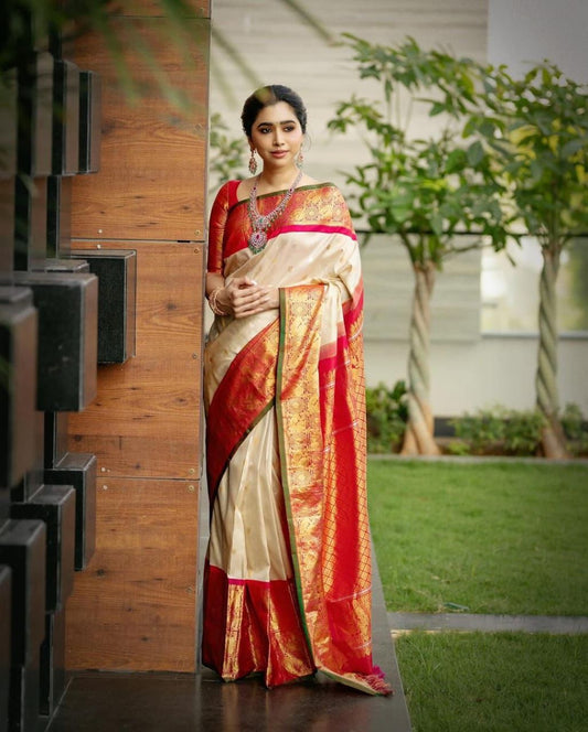 Evocative Beige Soft Silk Saree With Girlish Blouse Piece
