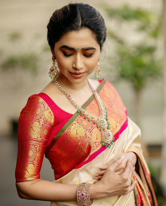Evocative Beige Soft Silk Saree With Girlish Blouse Piece