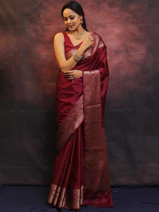 Capricious Maroon Soft Silk Saree With Lovely Blouse Piece