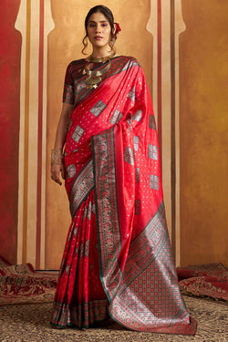Beautiful Dark Pink Pure Zari Weaving Banarasi Silk Saree With Epiphany Blouse Piece
