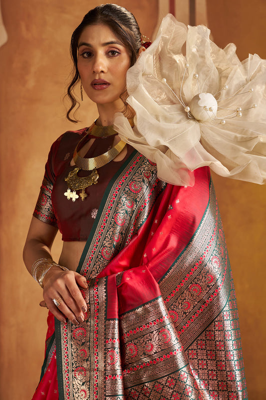 Beautiful Dark Pink Pure Zari Weaving Banarasi Silk Saree With Epiphany Blouse Piece