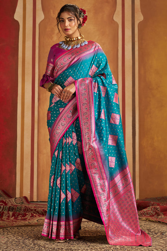 Quintessential Firozi Pure Zari Weaving Banarasi Silk Saree With Groovy Blouse Piece