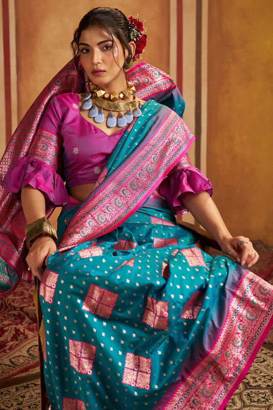 Quintessential Firozi Pure Zari Weaving Banarasi Silk Saree With Groovy Blouse Piece