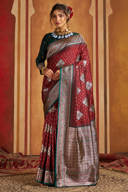 Nebula Maroon Pure Zari Weaving Banarasi Silk Saree With Fugacious Blouse Piece