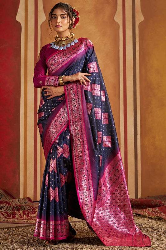 Majesty Navy Blue Pure Zari Weaving Banarasi Silk Saree With Flaunt Blouse Piece