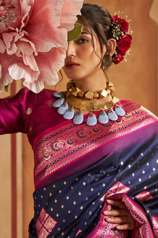 Majesty Navy Blue Pure Zari Weaving Banarasi Silk Saree With Flaunt Blouse Piece