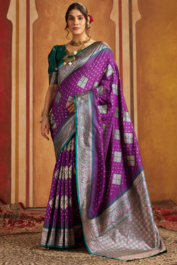 Pulsating Purple Pure Zari Weaving Banarasi Silk Saree With Bucolic Blouse Piece