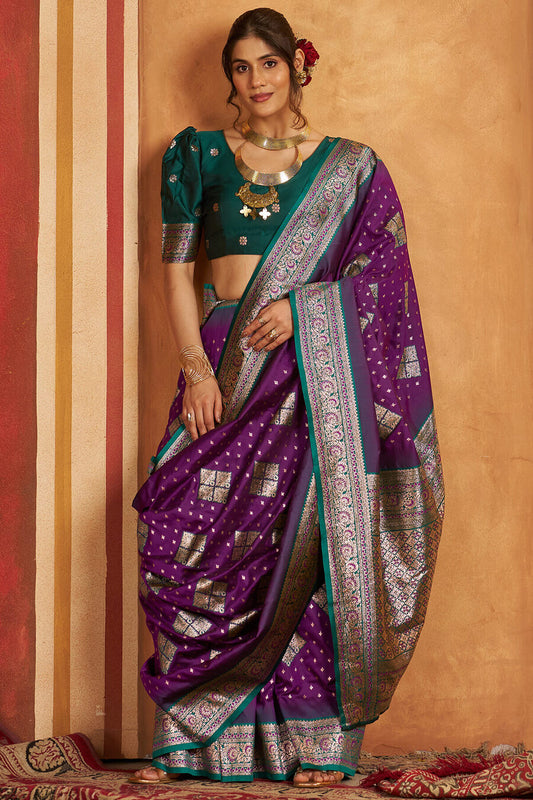 Pulsating Purple Pure Zari Weaving Banarasi Silk Saree With Bucolic Blouse Piece