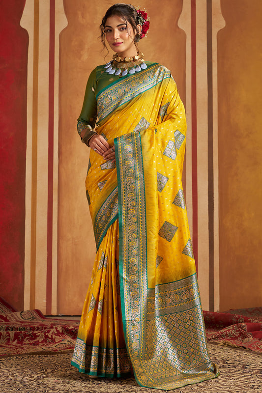 Charismatic Yellow Pure Zari Weaving Banarasi Silk Saree With Ravishing Blouse Piece