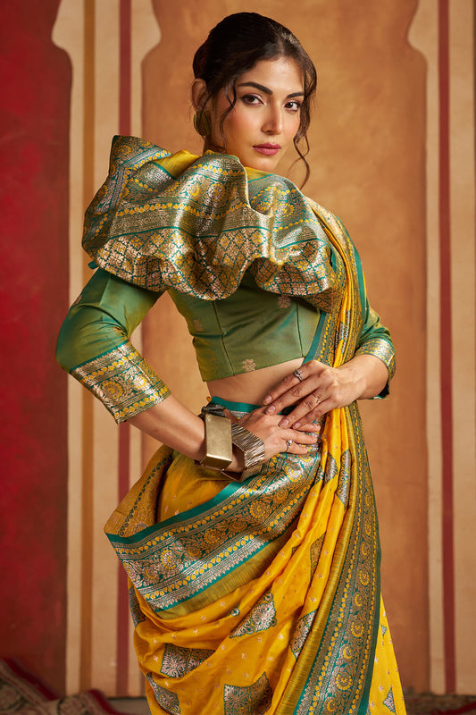Charismatic Yellow Pure Zari Weaving Banarasi Silk Saree With Ravishing Blouse Piece