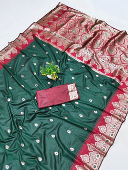 Mellifluous Dark Green Pure Zari Weaving Banarasi Silk Saree With Glittering Blouse Piece