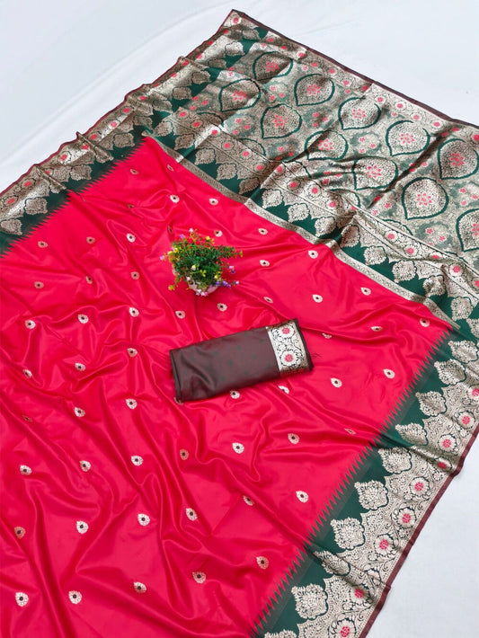 Quixotic Dark Pink Pure Zari Weaving Banarasi Silk Saree With Magnetic Blouse Piece