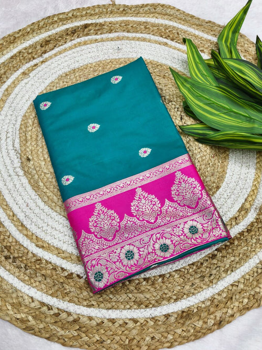Ethnic Firozi Pure Zari Weaving Banarasi Silk Saree With Preferable Blouse Piece