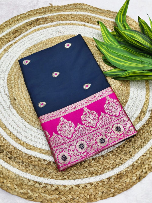 Supernal Navy Blue Pure Zari Weaving Banarasi Silk Saree With Delectable Blouse Piece