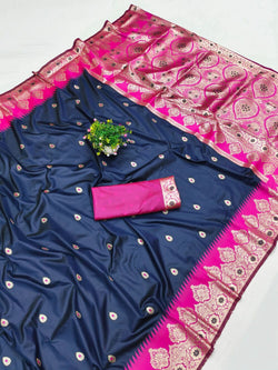 Supernal Navy Blue Pure Zari Weaving Banarasi Silk Saree With Delectable Blouse Piece