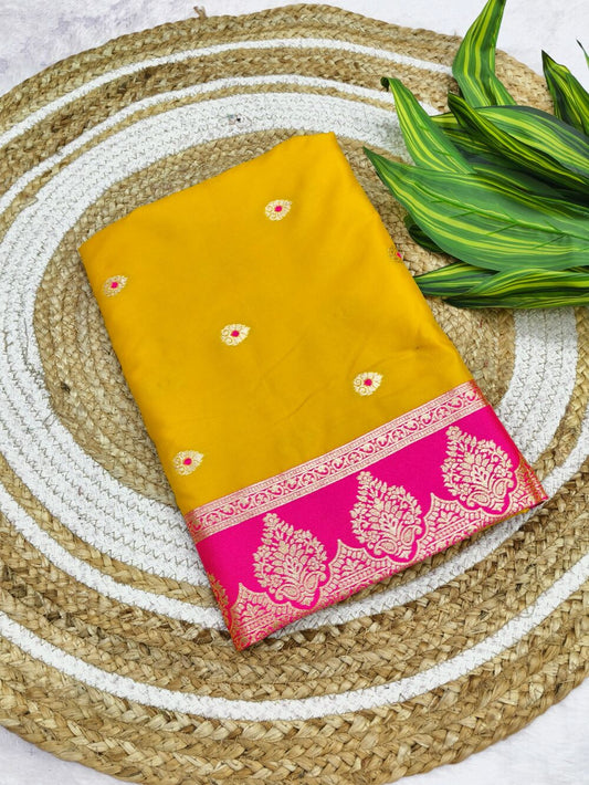 Elegant Yellow Pure Zari Weaving Banarasi Silk Saree With Woebegone Blouse Piece