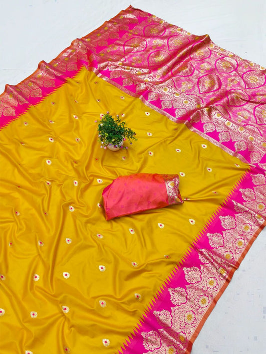 Elegant Yellow Pure Zari Weaving Banarasi Silk Saree With Woebegone Blouse Piece