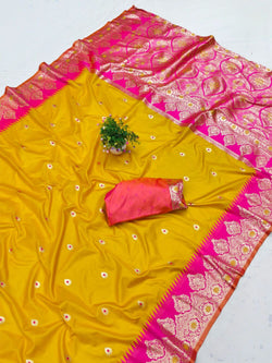 Elegant Yellow Pure Zari Weaving Banarasi Silk Saree With Woebegone Blouse Piece