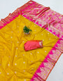 Elegant Yellow Pure Zari Weaving Banarasi Silk Saree With Woebegone Blouse Piece