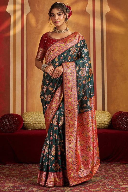 Symmetrical Dark Green Pure Zari Weaving Banarasi Silk Saree With Desiring Blouse Piece