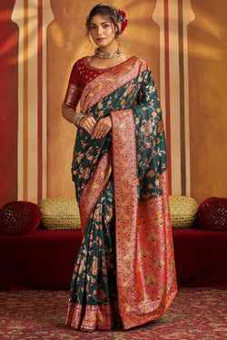 Symmetrical Dark Green Pure Zari Weaving Banarasi Silk Saree With Desiring Blouse Piece
