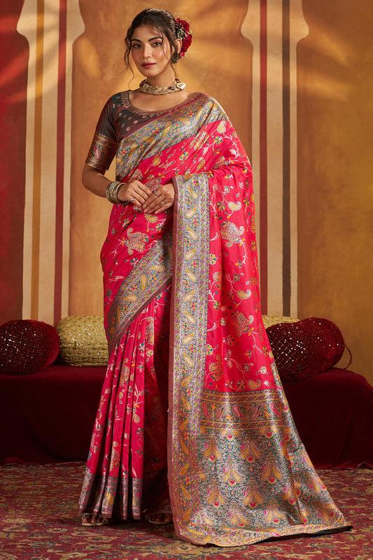Inimitable Dark Pink Pure Zari Weaving Banarasi Silk Saree With Scrumptious Blouse Piece